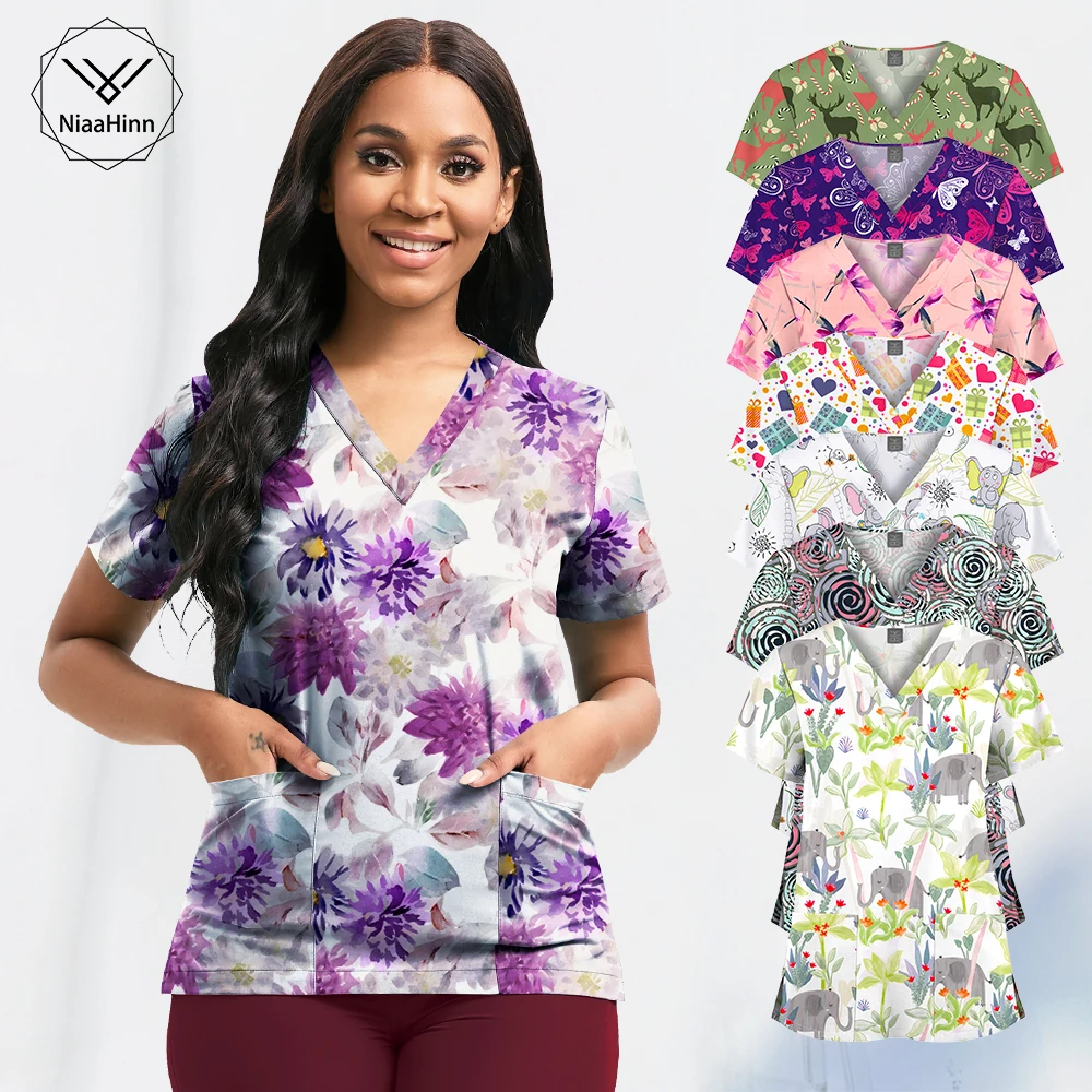 Afbeelding van Vrouwen Verpleegkundige Scrubtop met Korte Mouwen en V-hals - Professionele Werkuniform Blouse voor Zorgpersoneel en Medische Medewerkers