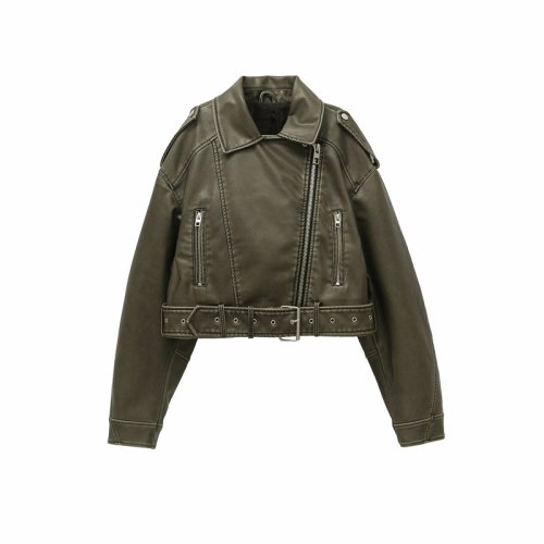 Zdjęcie Kurtka damska z ekoskóry PU, luźna, krótki model z paskiem, styl streetwear, z suwakiem, retro motocyklowa, kurtka na zewnątrz, bluza damska