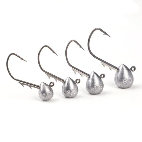 Image of 5-Piece Jig Head Hook Set with 2g, 3.5g, 4.5g, and 6g Weights – Barbed Exposed Head Hooks for Rockfish, Trout, and Soft Worm Lure Fishing