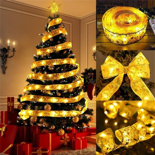 Zdjęcie Dekoracje świąteczne wstążka LED lampki świąteczne ozdoby choinkowe dla domu 2024 DIY kokardki sznurek świetlny Navidad nowy rok 2025