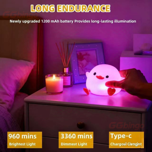 Immagine di Lampada da Comodino per Bambini in Silicone Ricaricabile con Luce Notturna LED a Tocco, Design Dodo Duck, Dimmerabile e Sicura