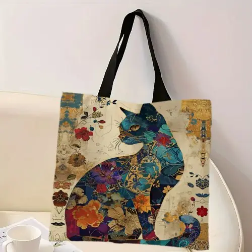 Image de Sac à Main Floral Chat - Style Rétro & Grande Capacité