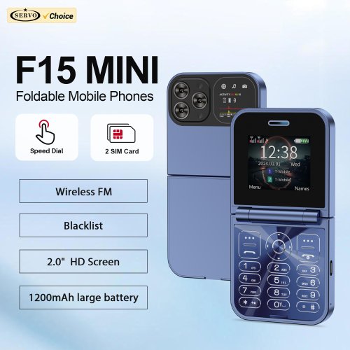 Afbeelding van Servo F15 Mini Opvouwbare Mobiele Telefoon met Dual SIM, 2G GSM, Magic Voice Call, Snelheidsknop en Opnamefunctie – Compacte Flip-Telefoon voor Eenvoudig Gebruik