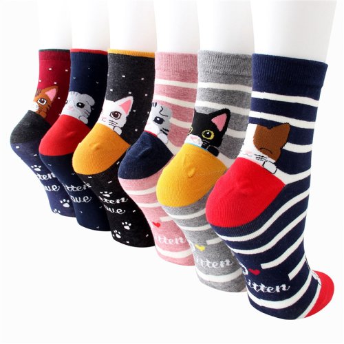 Immagine di Calzini da Donna in Cotone con Stampe Animali Divertenti – Calzini Colorati a Righe con Faccia di Gatto per Autunno e Inverno