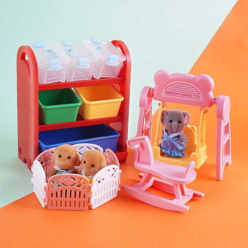 Bild von Miniatur 1:12 DIY Fliegendes Schachspiel mit Puppenhausmöbeln, Babybett, Schaukelpferd und Mini-Lagerregal – Komplettes Spielzeug-Set für Kinderspielhaus