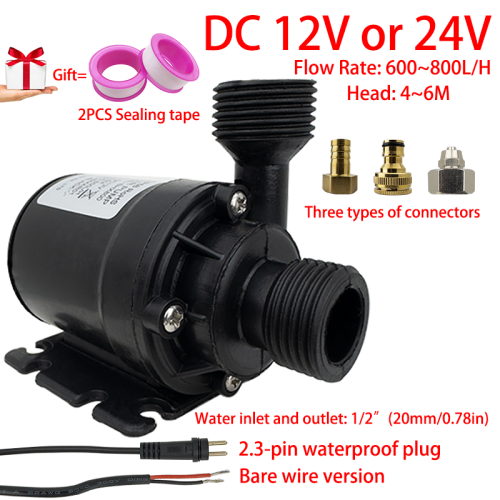 Stille DC 12V/24V Borstelloze Dompelpomp met 800 L/H Capaciteit en 6 Meter Lift – Waterdichte 2-3 Pins Stekker voor Optimaal Doucheboosten