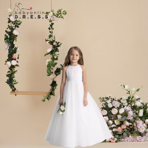 Zdjęcie Sukienka dla dziewczynki z kwiatami Prosta suknia balowa z szyfonu w kolorze kości słoniowej i siateczki Junior Bridesmaid Wedding Guest Party