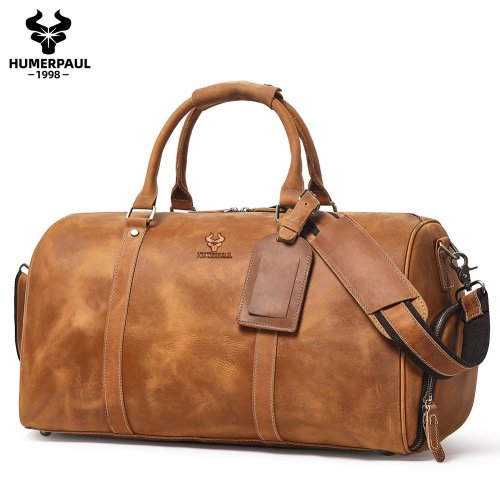 Imagen de Bolso de lona y cuero Crazy Horse para hombre, bolsa de viaje grande con capacidad para portátil de 15 pulgadas y calzado, bolso de mano resistente para negocios
