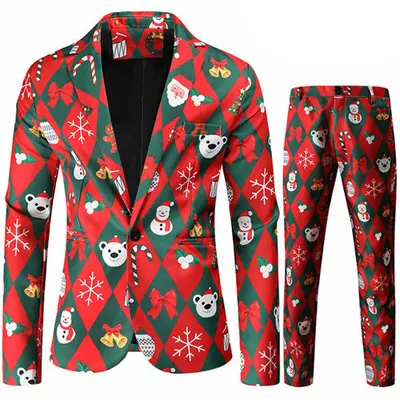 Image de Costume de Noël Homme - Veste & Pantalon Imprimé Rouge Élégant