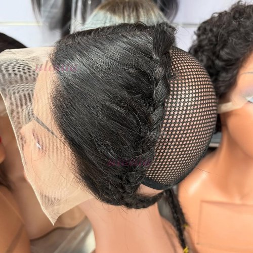 Image of Natural Straight 13x4 Lace Frontal with Braids - Remy Brazilian Human Hair Full Lace Wig for Headband Wigs