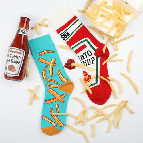 Afbeelding van Unisex Grappige Mid-Calf Sokken met Tomatenketchup en Frietjes Print – Leuk en Comfortabel voor Iedere Dag