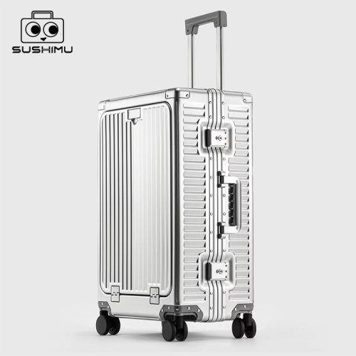 Image of Sushimu 20-Inch All Aluminum Magnesium Alloy Front-Opening Trolley Carry-On Suitcase – Durable Metal Travel Luggage with Smooth Wheels