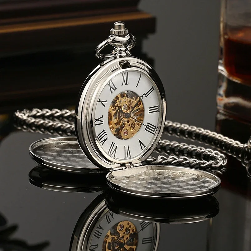 Imagen de Nuevo reloj de bolsillo mecánico de cuerda a mano para hombre, esfera con mecanismo al descubierto, collar Steampunk, colgante, vestido Vintage, relojes Fob para regalo de deshierbe