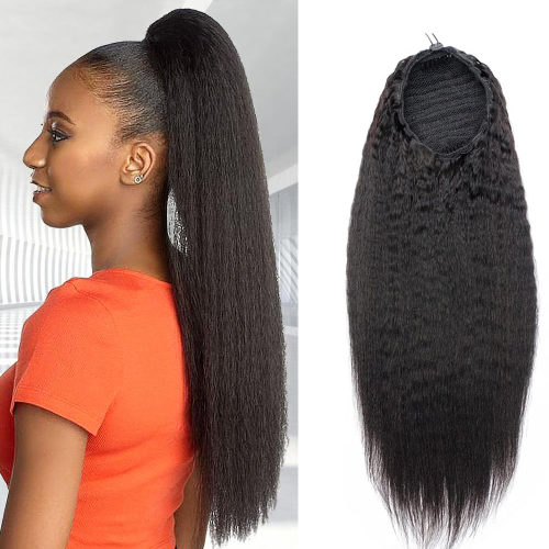 Immagine di Estensioni di Capelli Umani Naturali con Coda di Cavallo Diritta e Crespa, 100% Capelli Veri Avvolgenti con Coulisse, Colore Nero Naturale 1B, 100g per Donne