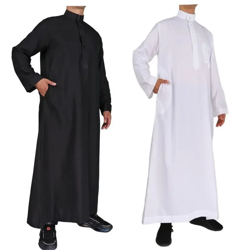 Image of Men's Casual Loose Kaftan Thobe Jubba Dishdasha Thawb Islamic Dress in Plain Colors – Traditional Arabic Robe for Daily Wear