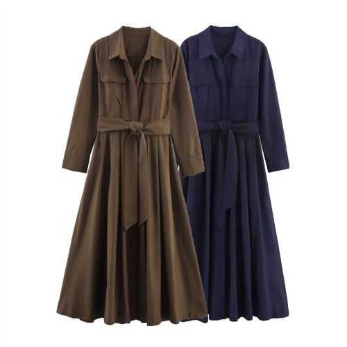 Image of Women's Dress Fall 2025 New Solid Color Long Sleeve Shirt Style A-Pendulum Dress Belt Decoration Casual Fashion Personality