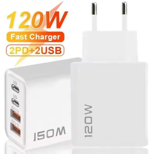 Immagine di Caricatore USB-C PD da Muro con 4 Porte, Caricabatterie Rapido 120W Tipo C con Quick Charge 3.0 per iPhone, Samsung, Xiaomi e Altri Telefoni