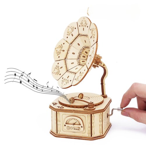 Immagine di Kit di puzzle per carillon con grammofono in legno 3D per adolescenti Modelli di costruzione per adulti Set di giocattoli Assemblaggio fai-da-te Regalo di Natale tecnico