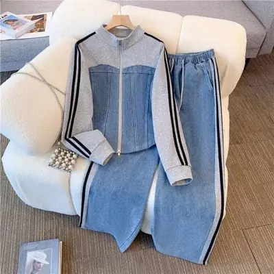 Image de Ensemble Denim 2 Pièces Femme - Veste Longue & Pantalon Large