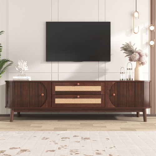 Afbeelding van TV-garderobe-Natural Wood-Blend TV-garderobe met deuren en laden. Natuurlijke landhuisstijl