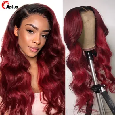 Image de Perruque de Cheveux Humains Rouge avec Dentelle Transparente
