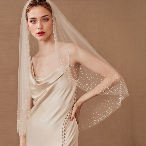 Image of Elegant Cathedral Length Bridal Veil with Beaded Pearl Comb - Soft Tulle One Tier Wedding Veil for Classic Bride