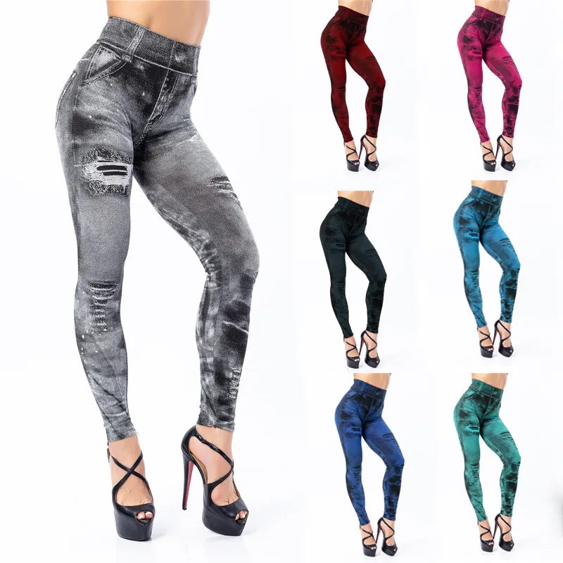 Image of High-Waisted Distressed Denim-Style Leggings for Women – Slim Fit, Push-Up Effect, Comfortable Yoga & Workout Pants