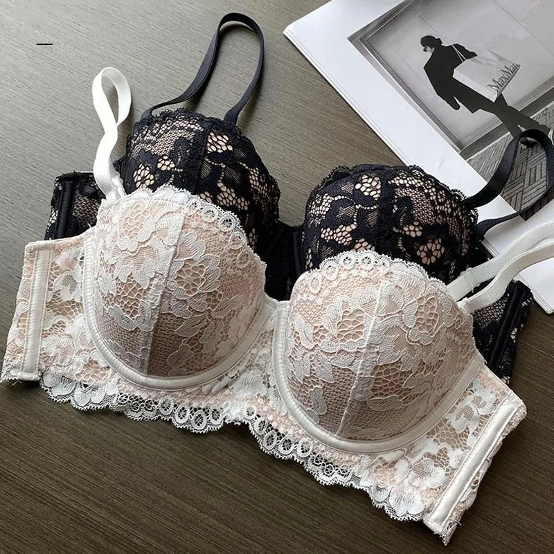 Image of Elegant Floral Lace Underwire Bra with Half Cup Design – Comfortable Push-Up Lingerie for Women