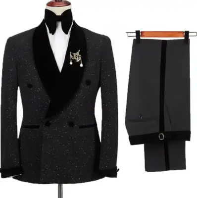 Image de Costume Homme 2 Pièces Velours Brillant - Smoking Marié Élégant