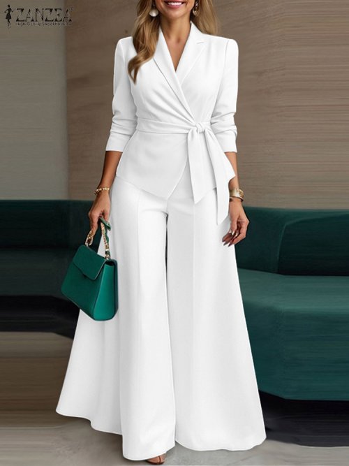 Zdjęcie Elegancki dwuczęściowy zestaw damski: lekka marynarka z długim rękawem i paskiem oraz spodnie z szerokimi nogawkami – idealny garnitur do biura i na dojazdy