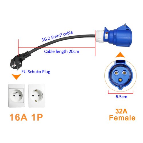 Bild von Tragbarer 32A CEE-Buchsen-Adapter auf 16A EU-Schuko-Stecker – 7kW auf 3,5kW Elektrofahrzeug-Ladeadapter für EV-Ladegeräte