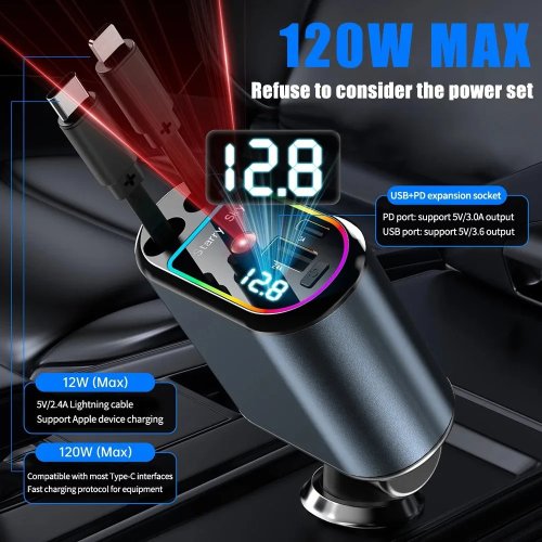 Zdjęcie Ładowarka samochodowa 4 w 1 z 2 wysuwanymi kablami USB-C i Lightning, 120 W, szybka ładowarka do telefonów Android i iOS z oświetleniem gwiazdowym