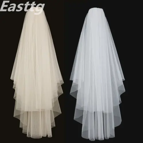 Image de Voile de Mariée Élégant Blanc Ivoire - 2 Couches avec Peigne