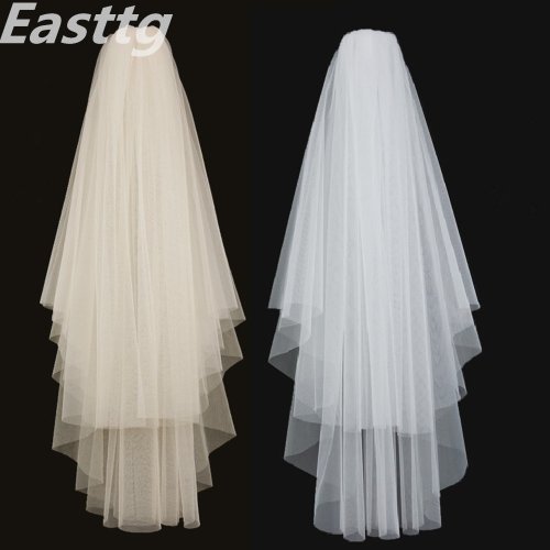 Image de Voile de Mariée Élégant Blanc Ivoire - 2 Couches avec Peigne