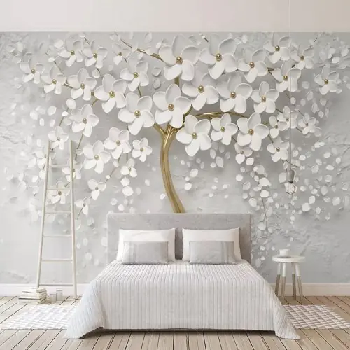 Image de Papier Peint 3D Fleurs Blanches - Décoration Murale Élégante