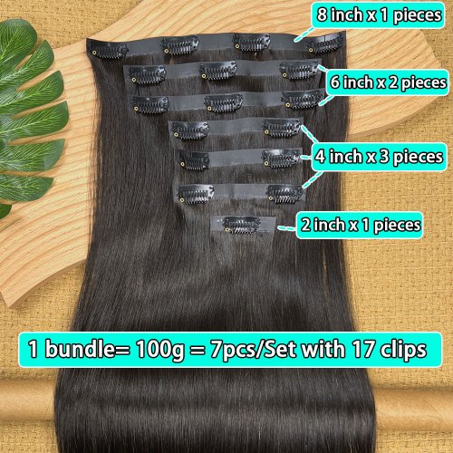 Image of Seamless Straight Clip-In Human Hair Extensions with Skin Weft – Natural Looking, 100g, 7-Piece Set for Women