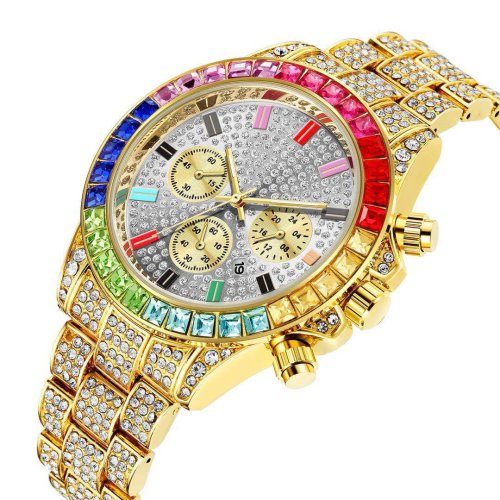 Immagine di Orologio da donna al quarzo stile hip hop con bracciale cubano di lusso, set di catene con strass, orologio da polso elegante e fashion, regalo perfetto per lei
