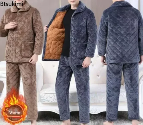 Afbeelding van Comfortabele Winter Pyjama Set voor Heren - Drielaags Verwarmde Coral Fleece Nachtkleding van Katoen met Gewatteerde Lagen