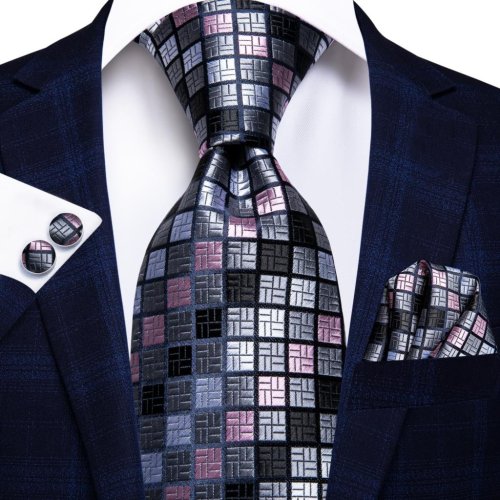 Image of Elegant Grey Plaid Silk Wedding Tie for Men – Handcrafted Novelty Necktie with Matching Pocket Square and Cufflinks, Perfect for Formal Events, Business, and Parties