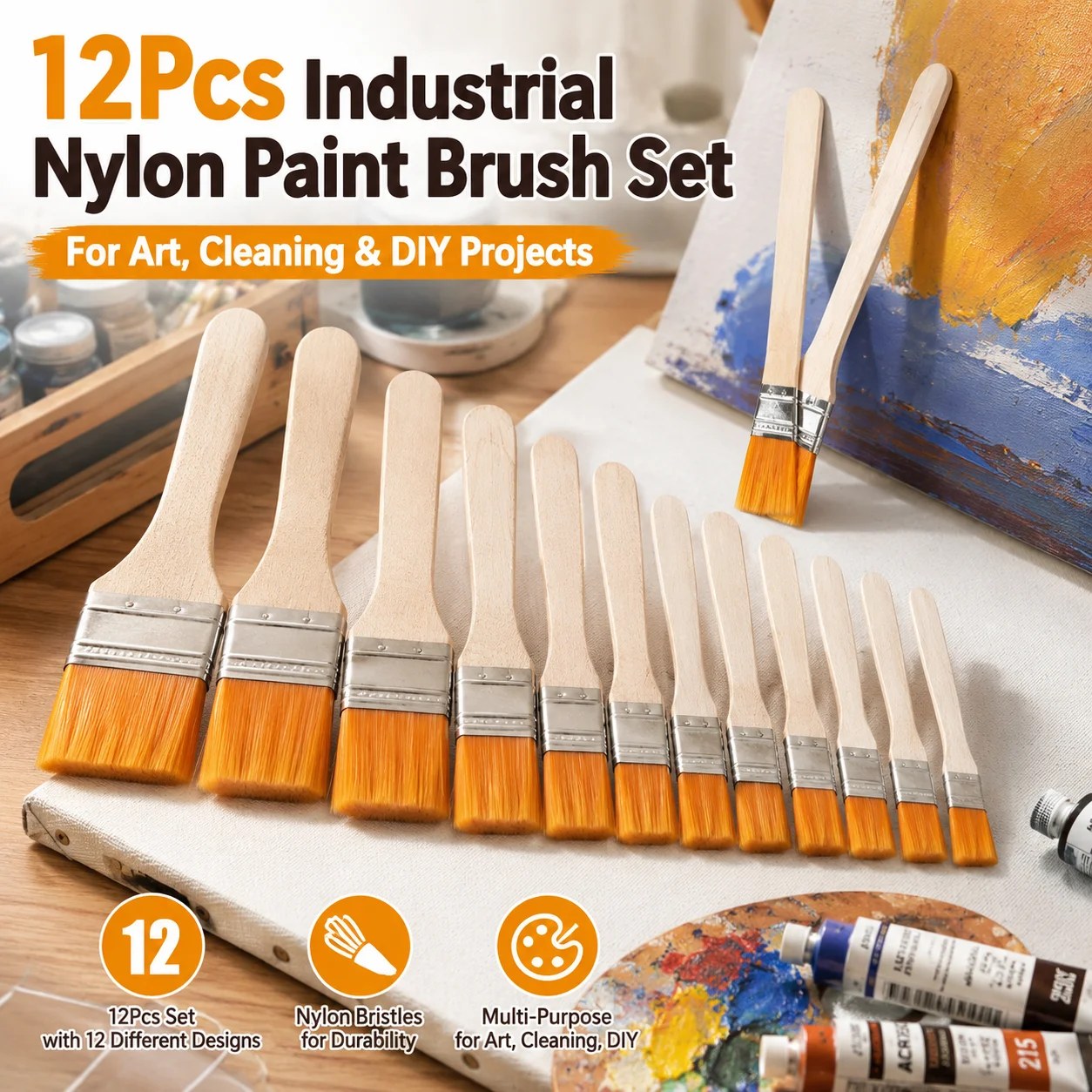 Afbeelding van 1/12 stuks hoogwaardige nylon penselen met verschillende maten en houten handvatten, ideaal voor acryl-, olie- en aquarelverf