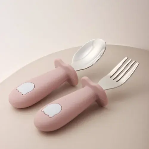 Image de Cuillère & Fourchette Panda pour Bébé - En Silicone & Acier Inoxydable