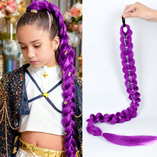 Imagen de Peluca trenzada sintética morada LUPU de 32 pulgadas con banda elástica y cola de caballo de oropel de colores brillantes, adecuada para peinado de niñas