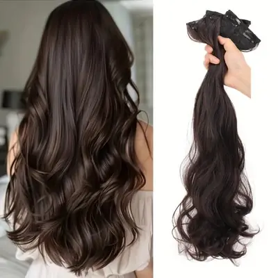Image de Extensions de Cheveux Ondulés Clip-In - Perruque Synthétique Résistante à la Chaleur