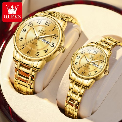 Image of Elegant Olevs 2891 Original Quartz Couple Watch – Luxury Dual Calendar Waterproof Timepiece with Date Display for Him and Her