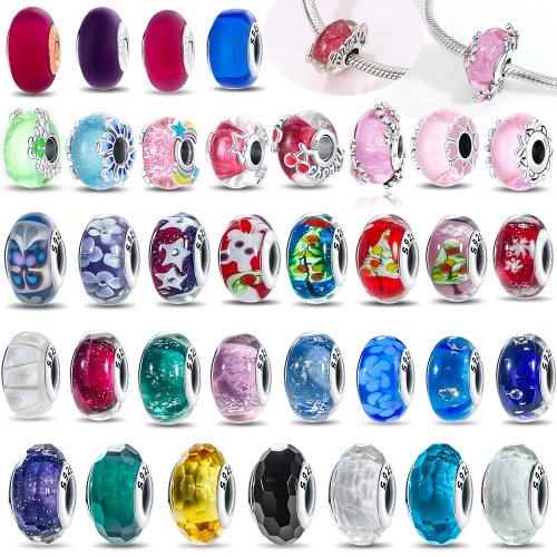 Image of Handcrafted Pink Murano Glass Beads with Blue Flower and Butterfly Design, Perfect for 925 Silver Bracelets – DIY Jewelry Making Kit for Women