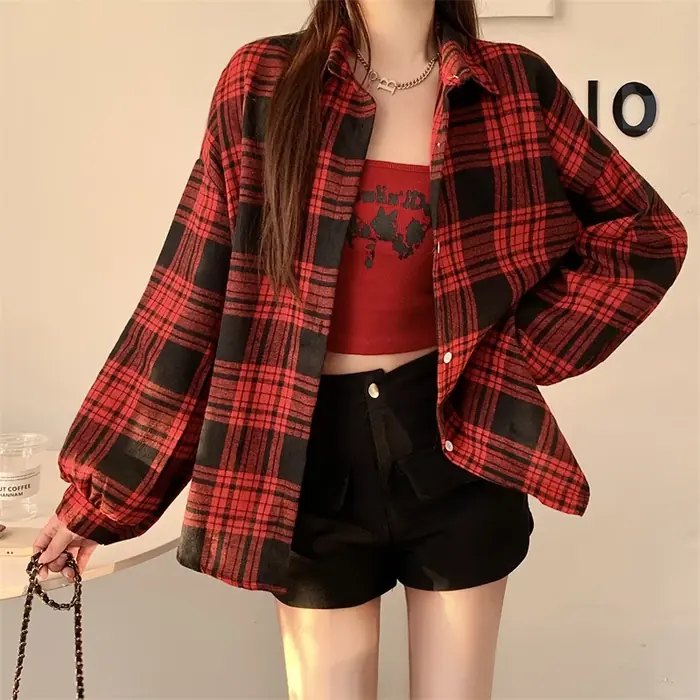Image de Chemise à Carreaux Rouge Femme - Style Décontracté Automne/Hiver