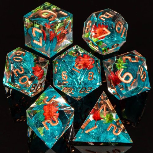 Image de Dés D&D en Résine avec Fleurs Séchées - Set de 7 Dés Polyédriques Transparent