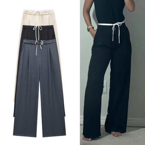Image of Stylish High-Waisted Baggy Wide-Leg Pants for Women – Comfortable Black and Blue Flared Trousers for Casual Autumn Fashion