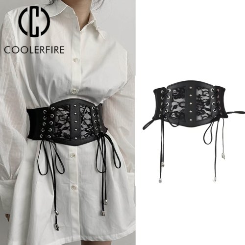 Afbeelding van Elastische Kant Corset Riemen voor Vrouwen Brede Stretch Cumberbanden Vrouwelijke Goth Punk Jurk Corset Riem Zwarte Tailleband LYF003