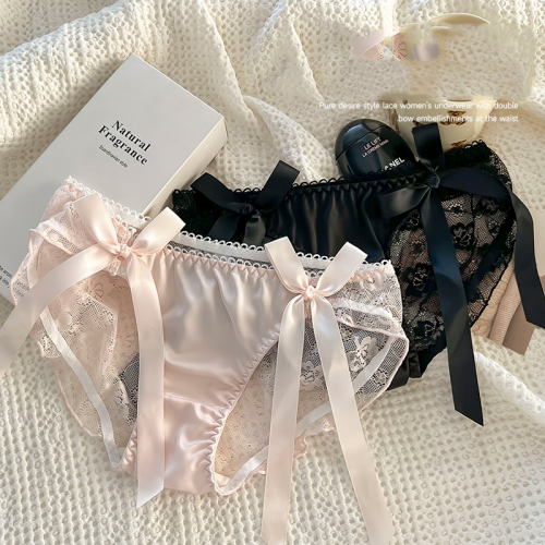 Image of Elegant Japanese-Style Seamless Lace Mesh Panties with Pink Bow – Mid-Waist Women's Lingerie Briefs in Soft Stretch Fabric (M, XL)